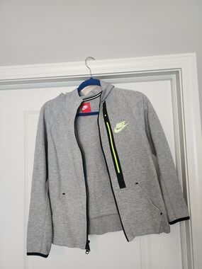 Nike Kids Grey Zip Hoodie with Neon Yellow Accent